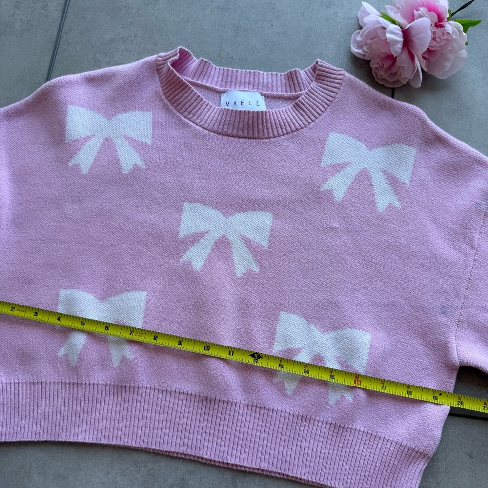 Maple Cropped Crewneck Sweater small Light Pink White Bow long sleeves knit - Picture 5 of 10